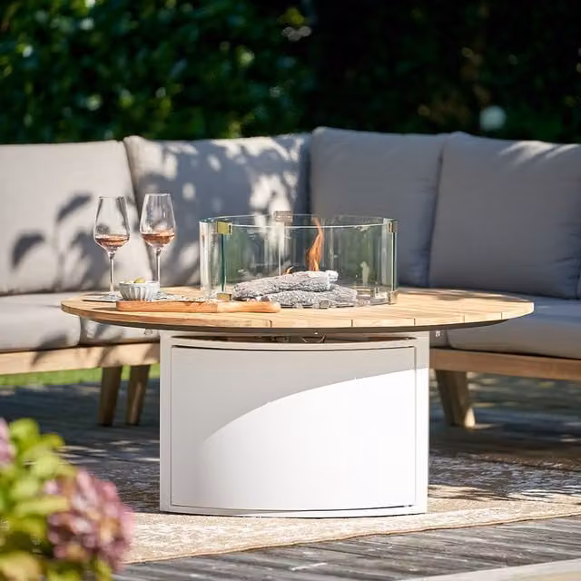 Pacific Lifestyle Cosiloft Round Fire Pit Table in White with Teak Wood and Powder Coated Aluminium, Diameter: 120 cm