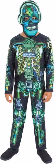 Smiffys Childrens Skeleton Gamer Glow In The Dark Costume Set in Black and Green, Ages 4-6 Years
