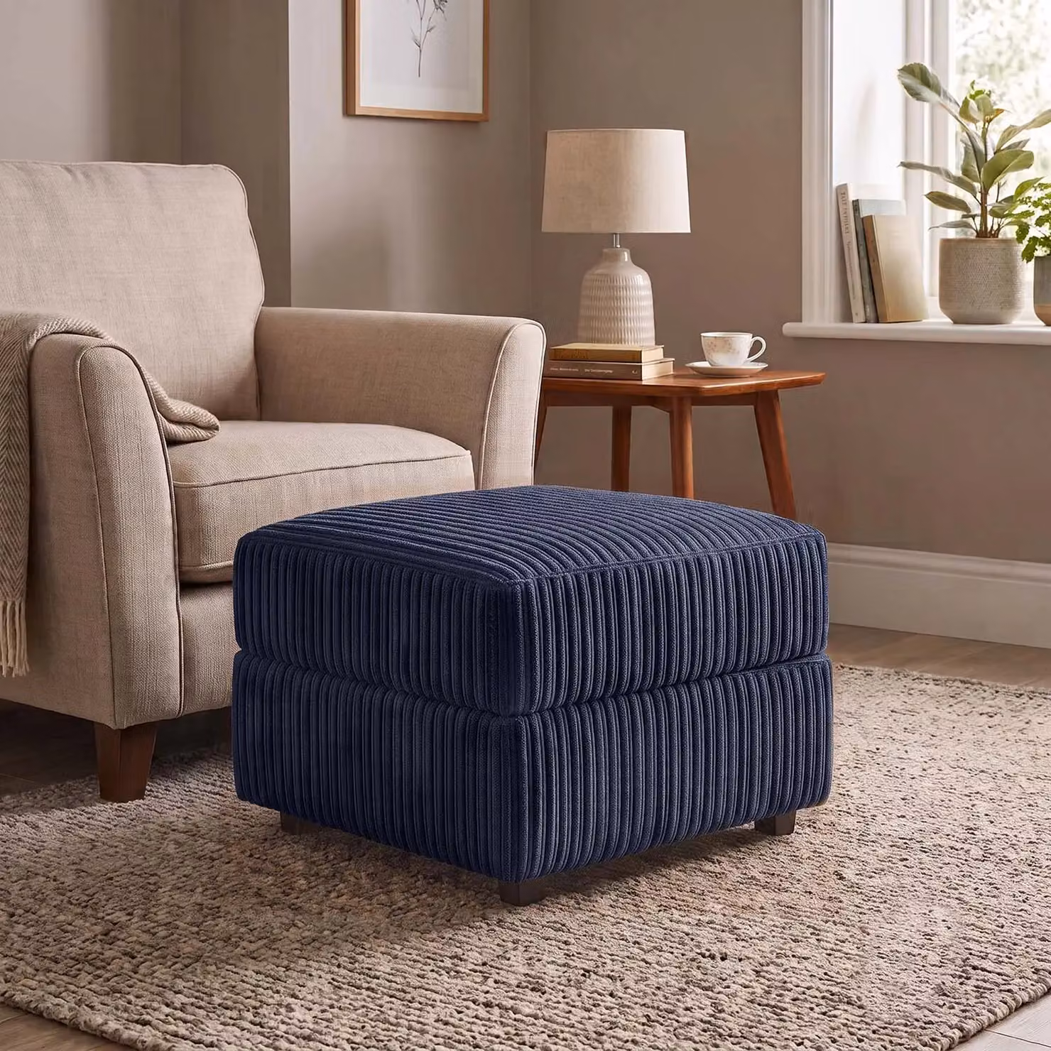 Furnishings For Less UK Luxor Delta Ferguson Soft Jumbo Cord Footstool in Navy Blue, W/D/H: 55 x 42 x 42 cm – 5