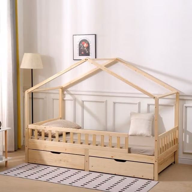 HMD Furniture Solid Wood Children House Bed Frame with 2 Drawers in Natural and White, W/D/H: 90 x 190 x 96 cm