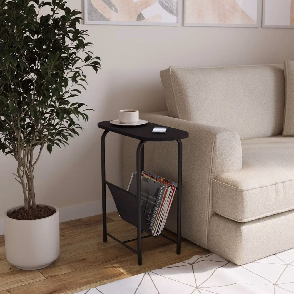 EONLION Slim Oval Side End Table with Magazine Holder Sling Rack in Black – 2