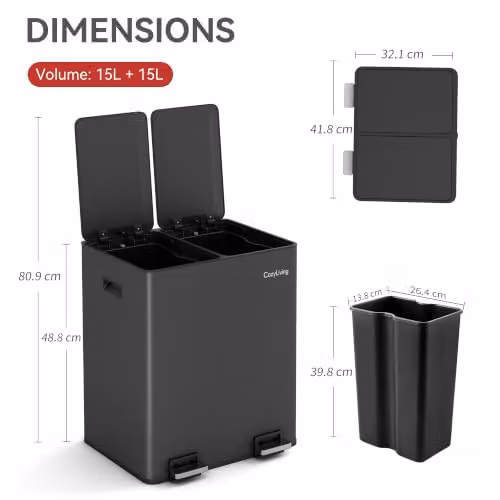 CozyLiving Premium Stainless Steel Dual Compartment Pedal Bin with Soft-Close Lid and Removable Inner Buckets, Dark Grey, 15L+15L – 2