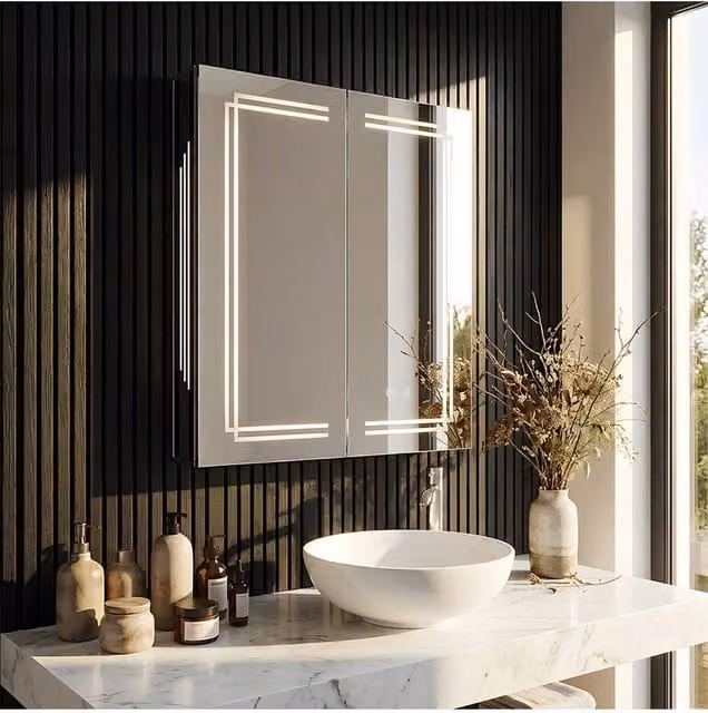 Living and Home Wall-mounted Bathroom Mirror Cabinet with LED Lights and Anti-fog Sensor Switch in Silver