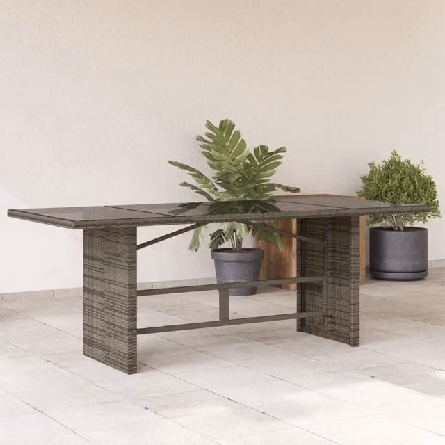 Berkfield Home Grey Poly Rattan Garden Table with Glass Top, W/D/H: 190 x 80 x 74 cm – 1