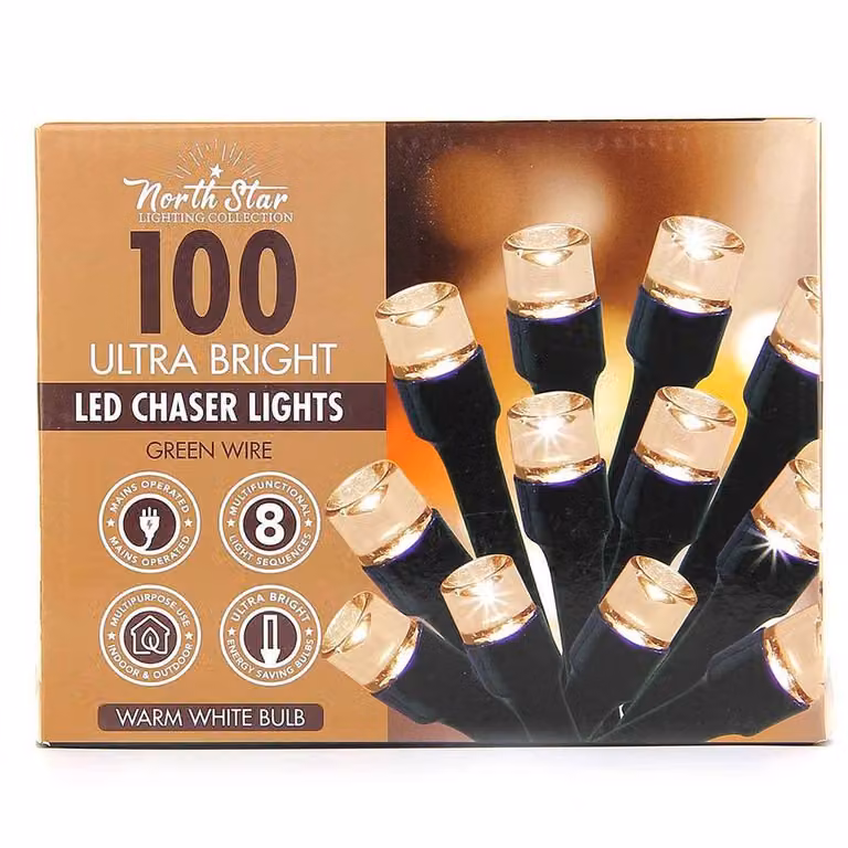 Voltico 100 LED Chaser Lights in Warm White with Green Wire and Light Grey Accents, Diameter: 100 cm