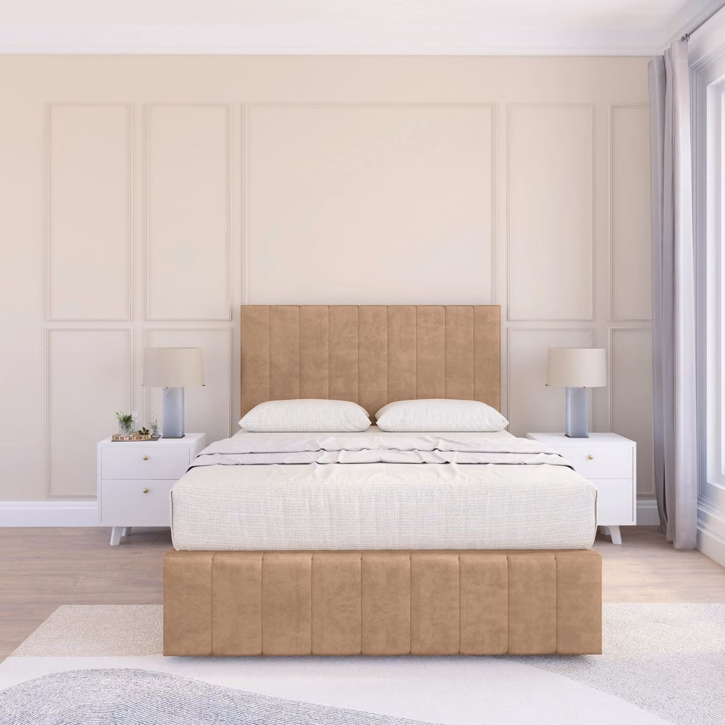 Sloomy California Divan Bed Base in Light Beige, Small Single, with 12 inch Footboard and 54 inch Floor Standing Chesterfield Headboard