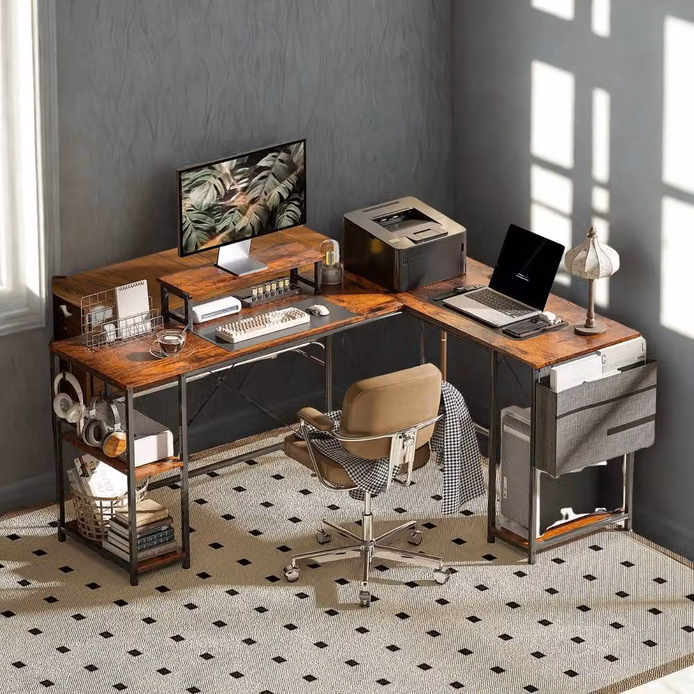 FURNOS Industrial L Shaped Corner Computer Desk in Brown, W/D/H: 168 x 120 x 76 cm – 5