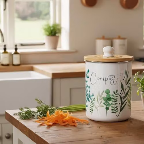 Purely Home Green Foliage Compost Caddy - 2L Enamel Kitchen Food Waste Bin with Removable Inner Bucket and Odour Filter – 2
