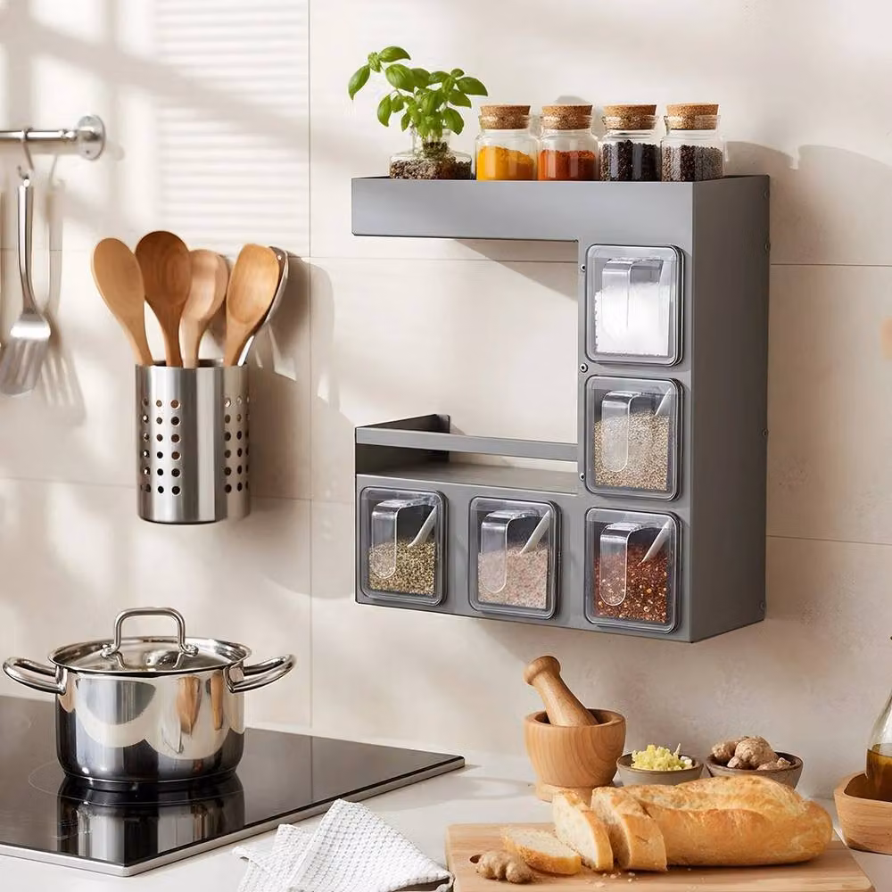 PAWNORA Grey Wall Mounted 3 Tier Seasoning and Spice Box with 5 Jars – 3
