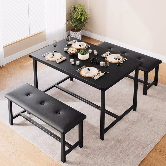 London Boutique 3-Piece Dining Set with Rectangular Table and 2 Upholstered Benches in Black, W/D/H: 136 x 70 x 75 cm