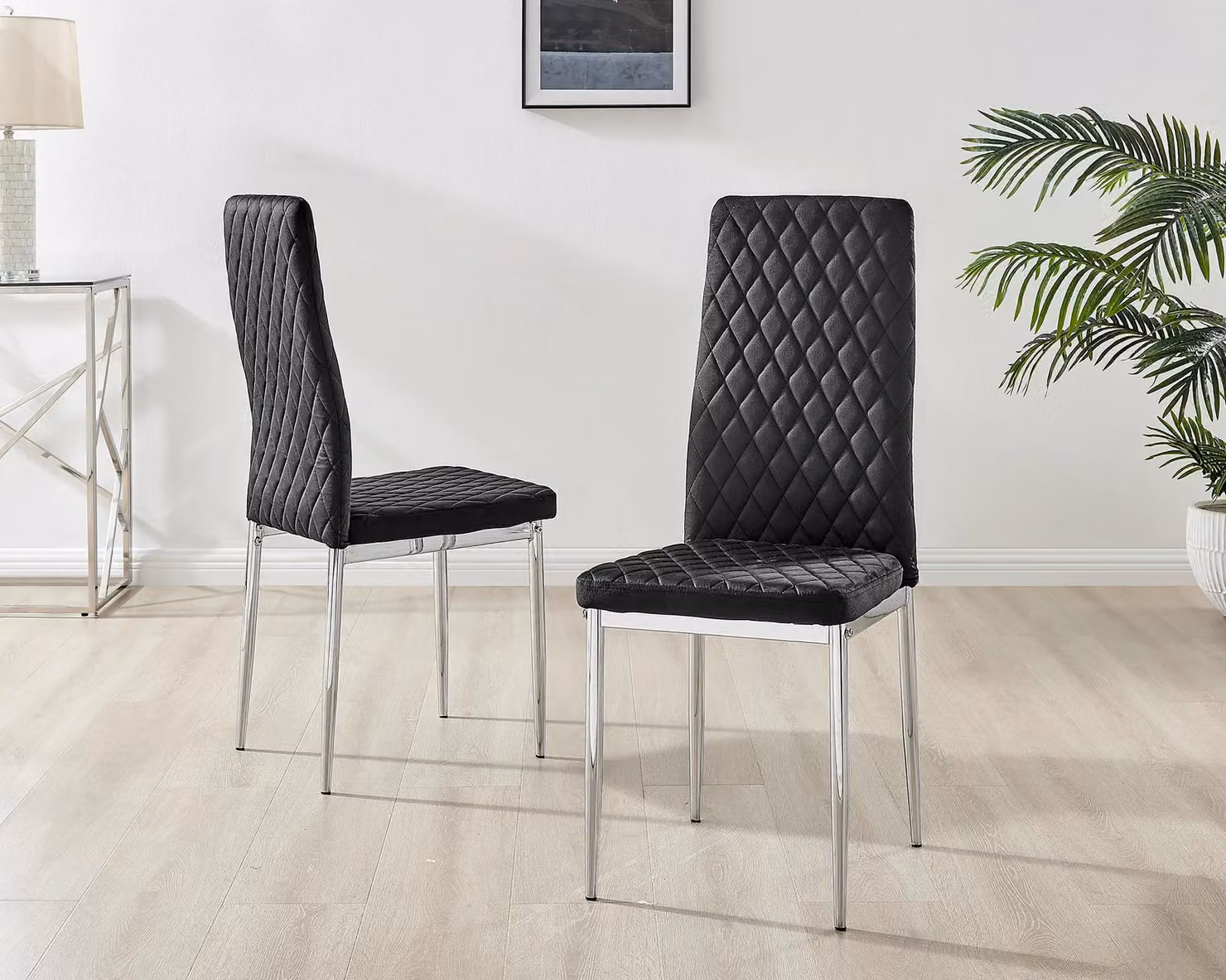 FurnitureboxUK Set of 4 Milan High Back Diamond Pattern Black Velvet Dining Chairs with Silver Chrome Metal Legs – 2