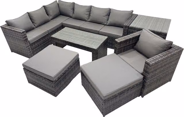 Fimous 7-Piece PE Rattan Outdoor Garden Furniture Set with Cushions and Tempered Glass Table in Dark Grey Mixed
