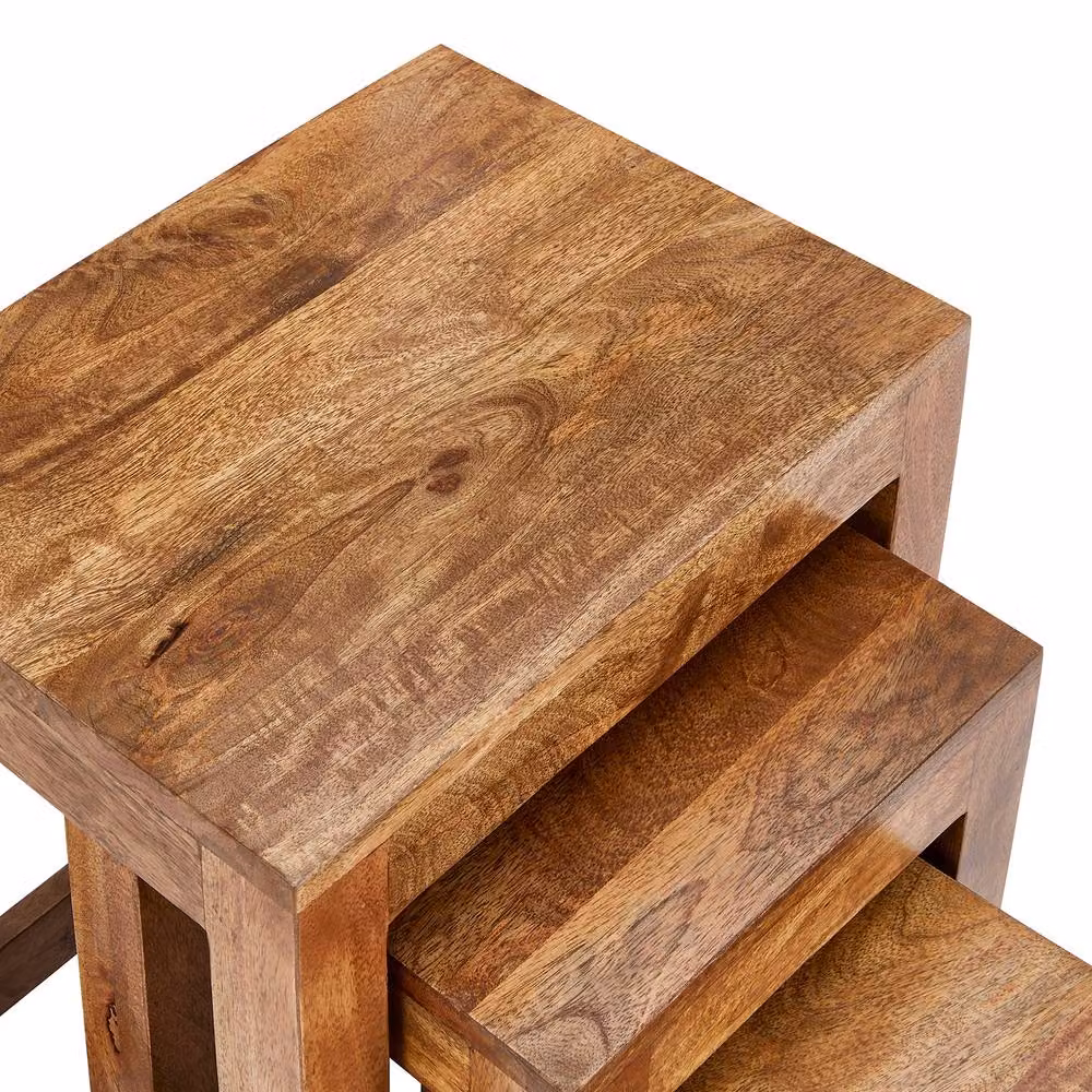 Elm Home And Garden Set of 3 Nest of Tables in Dark Brown Waxed Mango Wood, H50 x W45 x D34 cm – 3