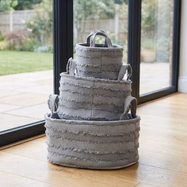 Garden Greatness Ruffled Linen Storage Basket Set in Multicolour and Grey