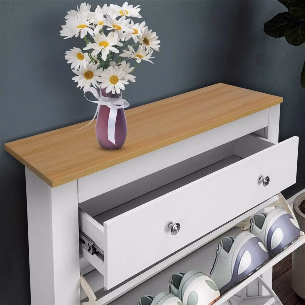 Nordara Modern White Wooden Shoe Storage Cabinet with Tilting Compartments and Drawers – 3
