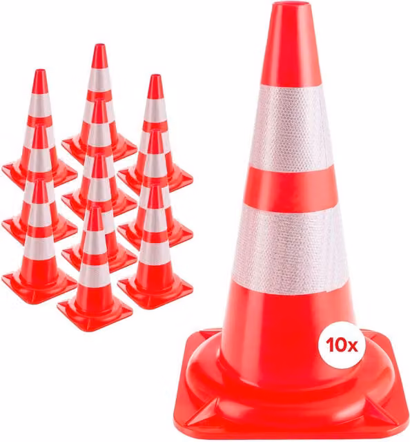 AREBOS 10-Piece Plastic Traffic Cone Set in Orange and White with Reflective Stripes