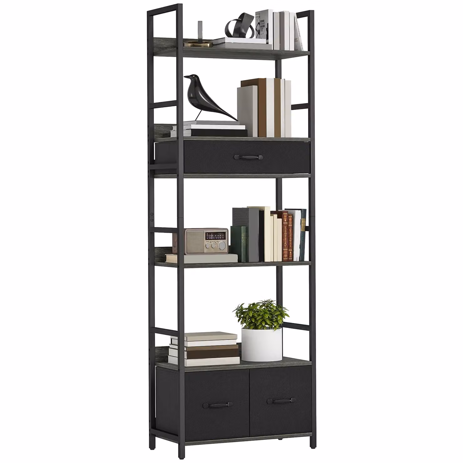 HOMCOM Industrial Bookshelf with 4 Shelves and 3 Fabric Drawers in Grey and Black – 2