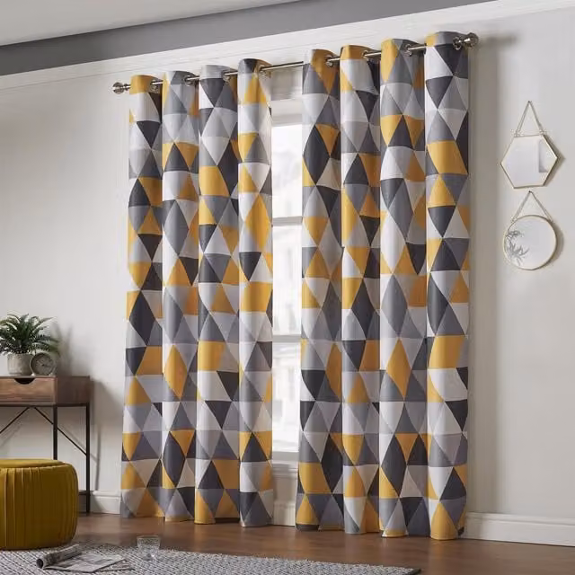 Luxury Living Yellow Graphic Eyelet Room Darkening Thermal Insulating Curtains, Width: 168 cm, Drop: 229 cm