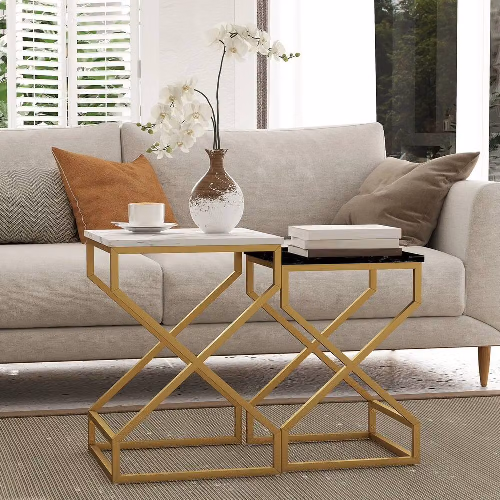 FORGEVIO Set of 2 Nest of Tables with Marble Pattern and X-Frame Metal Design in Black, White and Multicolour – 5