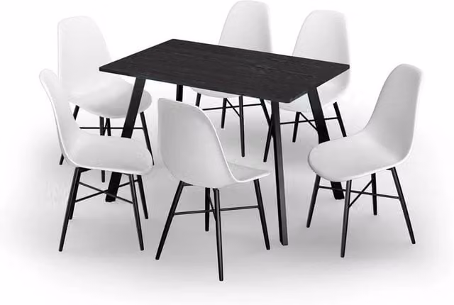 URBNLIVING Modern Dining Set with 110 cm Black Rectangular Table and 6 White Tulip Chairs