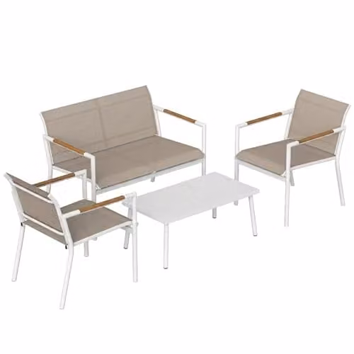 Outsunny 4 Seater Modern Garden Furniture Set with Metal Frame, 2 Seater Sofa, Armchairs and Coffee Table in Beige
