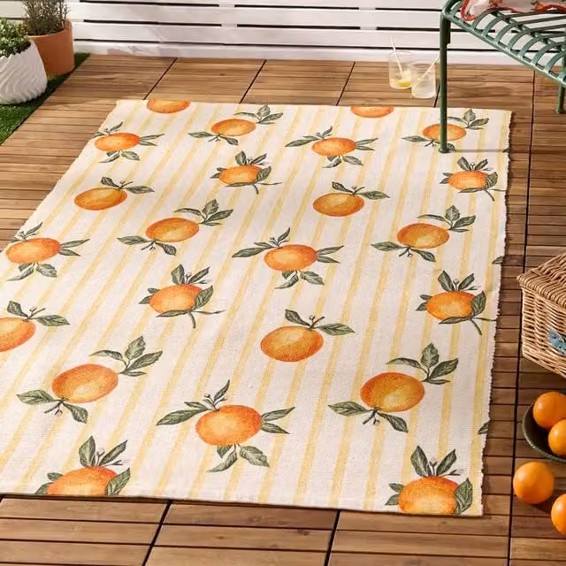 Furn Fruits Oranges Gingham Indoor/Outdoor Woven Rug in Yellow, W/D: 120 x 170 cm