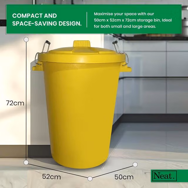 Neat. 90L Heavy Duty Plastic Kitchen Dustbin with Flip Lid and Metal Handle, Yellow