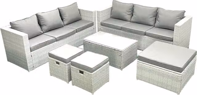 Fimous Garden 9 Seater L-Shape PE Rattan Garden Furniture Set in Light Grey with Upholstered Cushions, Coffee Table and Ottomans
