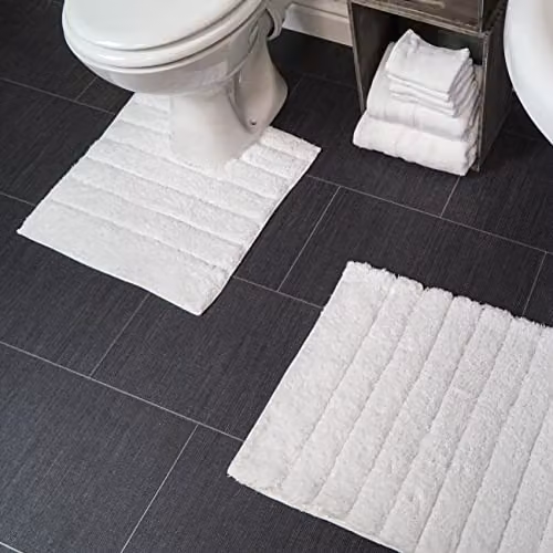 Allure Bath Fashions Ribbed Two Piece Cotton Bath and Pedestal Toilet Mat Set in White – 3