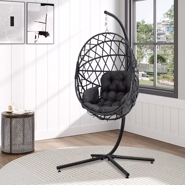 Breeins Modern Dark Grey Polyrattan Hanging Chair with Metal Stand and Polyester Cushions