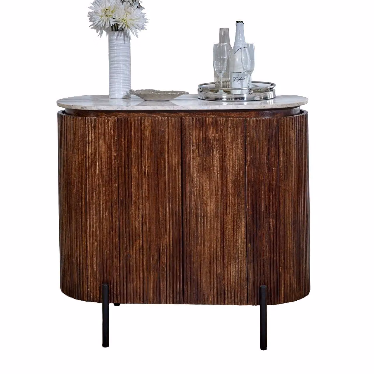 IH Design Tilden Mango Wood Sideboard and Drinks Cabinet with Marble Top and Metal Legs in White and Brown, W/D/H: 100 x 40 x 90 cm – 3