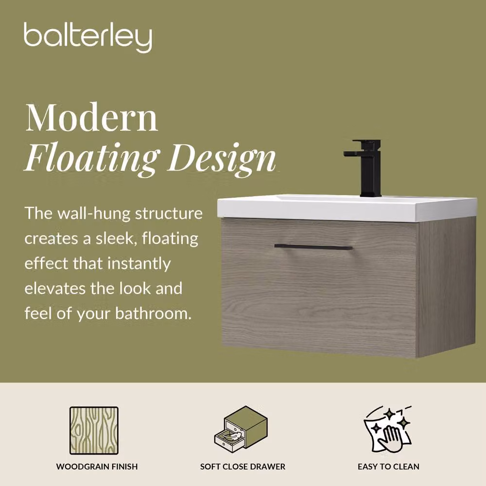 Balterley 600mm Wall Hung 1 Drawer Vanity Basin Unit in Mid Oak with Black Handle – 2