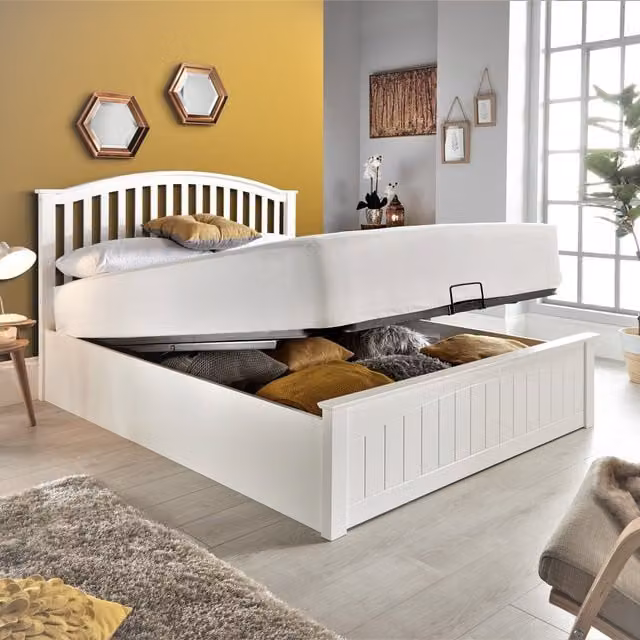 Bedmaster Grayson White Solid Wood Ottoman Bed with Lift Up Base, W: 140 cm, L: 200 cm