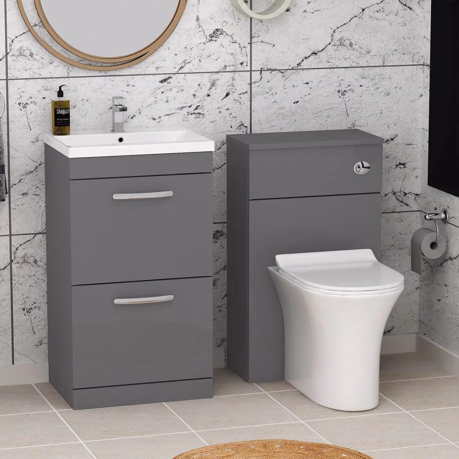Royal Bathrooms Indigo Grey Gloss 2 Drawer Furniture Pack with Mid Edge Basin and Slim Breeze Back to Wall Toilet, Width: 100 cm