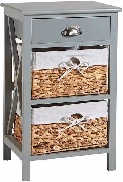 FORGEVIO Bedside 2 Drawer Chest in Grey with Wood and Metal Construction and Water Hyacinth Baskets