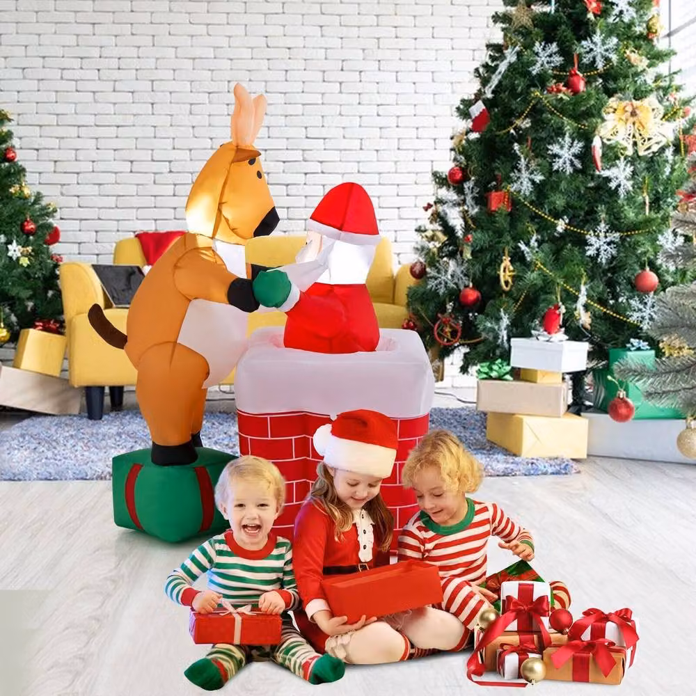 Gymax Inflatable Santa Claus Climbing Chimney with Reindeer Christmas Decoration in Red and Multicolour – 4