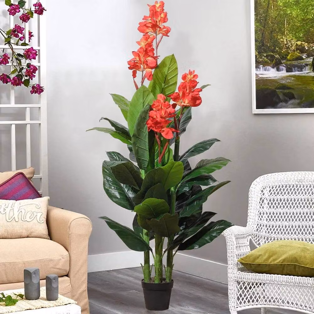 FLAVORA Red Artificial Canna Lily Tropical Flower Tree in Pot, W/D/H: 100 x 100 x 100 cm – 6