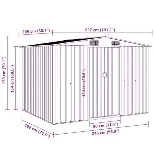 vidaXL Large Galvanised Steel Garden Shed in Brown, W/D/H: 257 x 205 x 178 cm – 2
