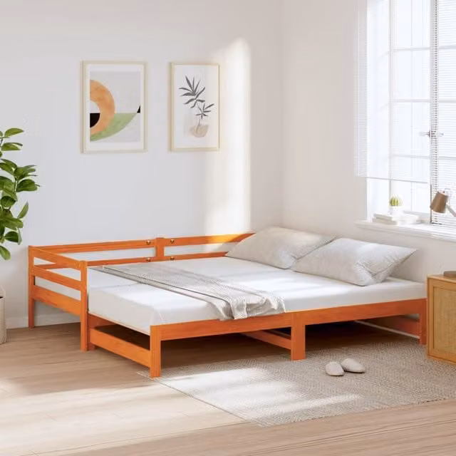 Berkfield Home Solid Wood Pine Daybed with Trundle in Wax Brown, W/D/H: 80 x 200 cm