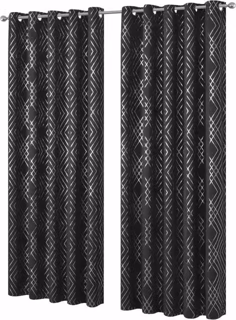 NewEdgeBlinds Geometric Graphic Blackout Eyelet Curtains, Black, Height: 228 cm