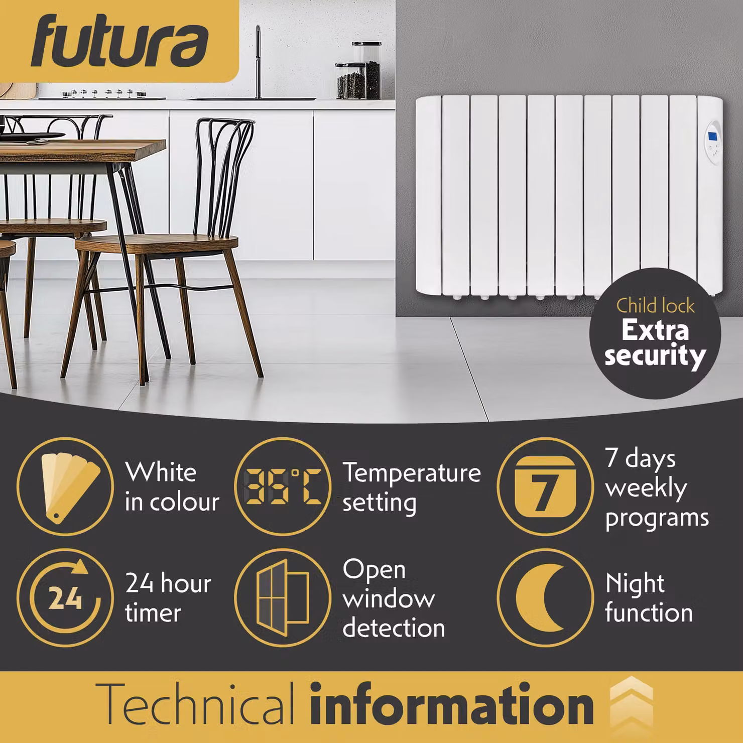 Futura 1800W Oil Filled Electric Radiator and Wall Panel Heater with 24/7 Timer in White – 3