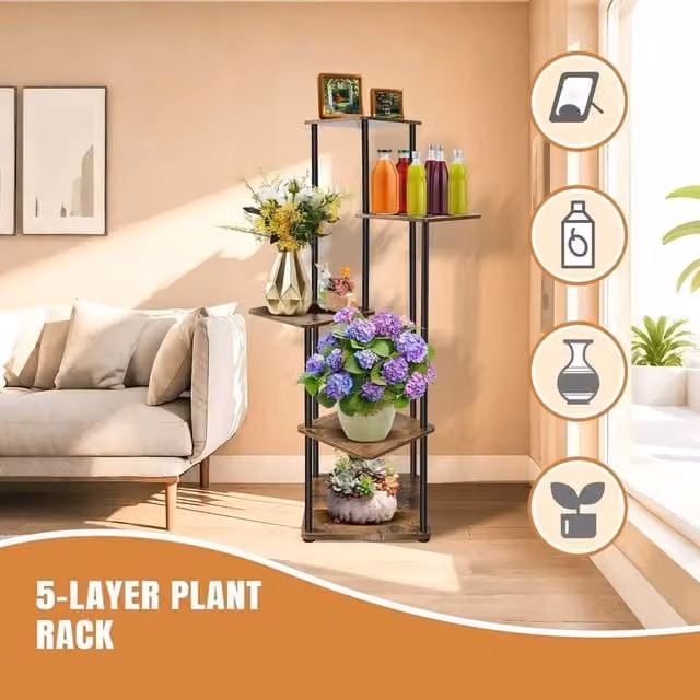 EONLION 5 Tier Tall Corner Plant Stand in Brown, Height: 100 cm – 1