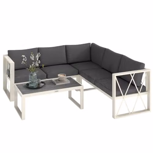 Outsunny 5 Seater L Shaped Garden Furniture Set in Grey with Upholstered Cushions and Coffee Table – 1