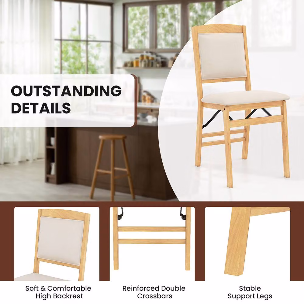 Costway Set of 2 Folding Bar Stools with Backrest in Cream Beige Rubberwood and Fabric – 3