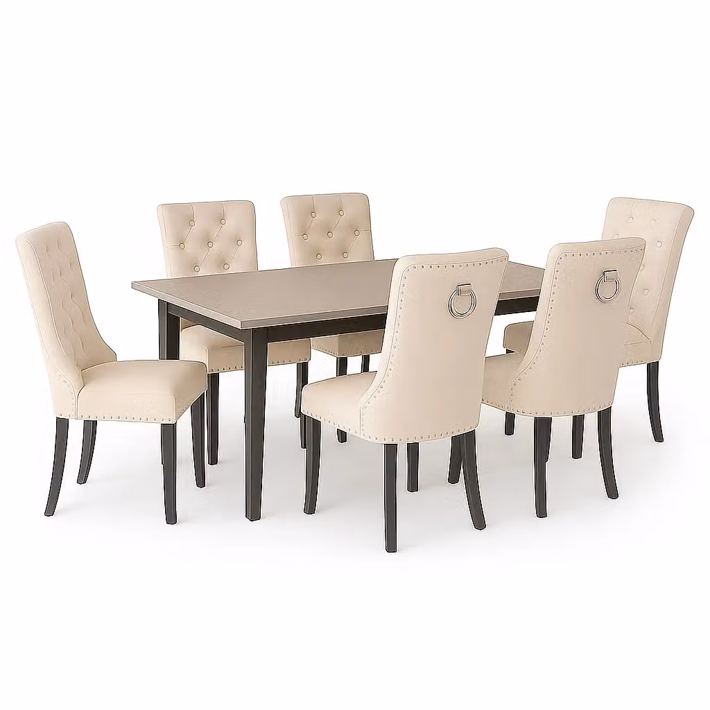 Neo Set of Six Studded Velvet Dining Chairs with Ring Knocker Detail in Natural – 2