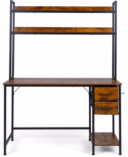 Kelvenix Industrial Computer Desk with Hutch in Brown