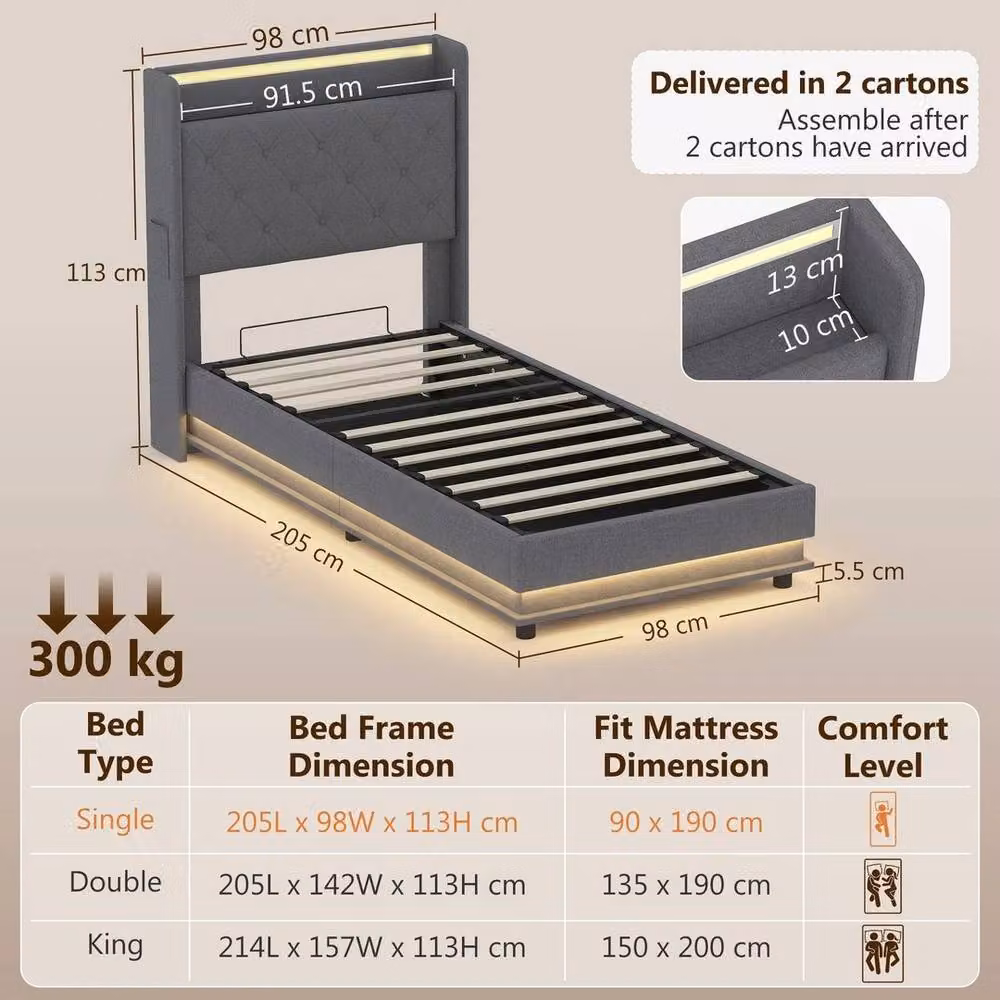 FORGEVIO Modern Lift Up Storage Bed Frame with RGB LED Under-Bed Lighting in Grey Fabric, W/D/H: 90 x 190 cm – 3