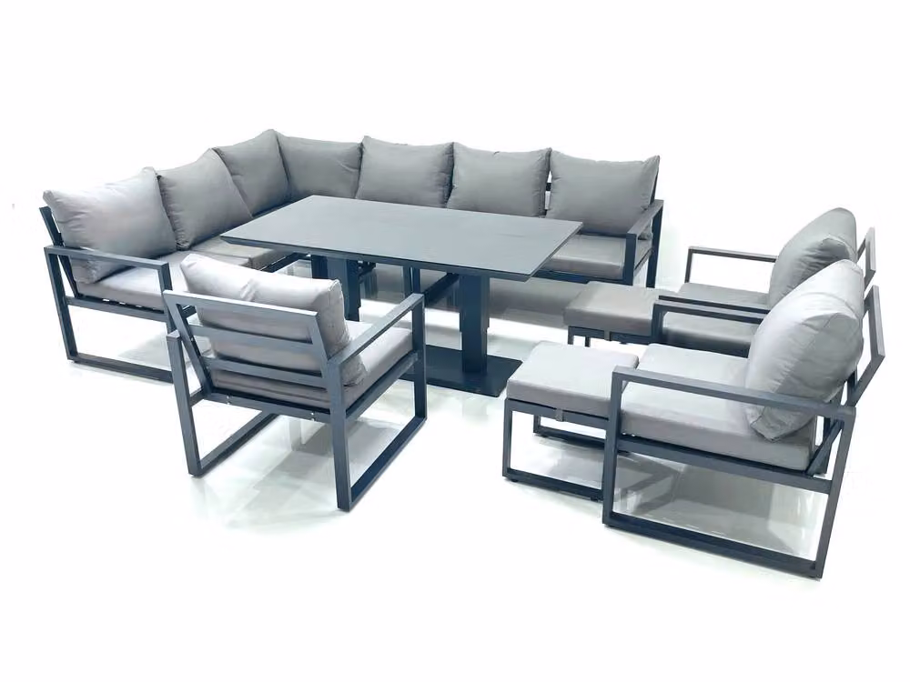 Fimous Dark Grey Aluminum Outdoor Garden Furniture Set with Corner Sofa, 3 Chairs, 2 Footstools and Height Adjustable Dining Table – 2