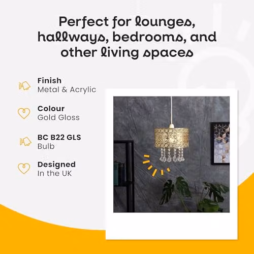 MiniSun Modern Gold Cylinder Ceiling Light Shade with Jewel Droplets, Shade Width: 25 cm – 2