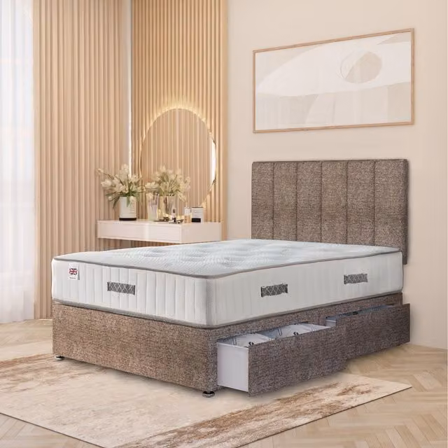 Somnior Beds Ltd Austin Tweed Fabric Orthopaedic Divan Storage Bed with Hybrid Mattress and 32 inch Headboard, Brown, W/D: 180 x 200 cm